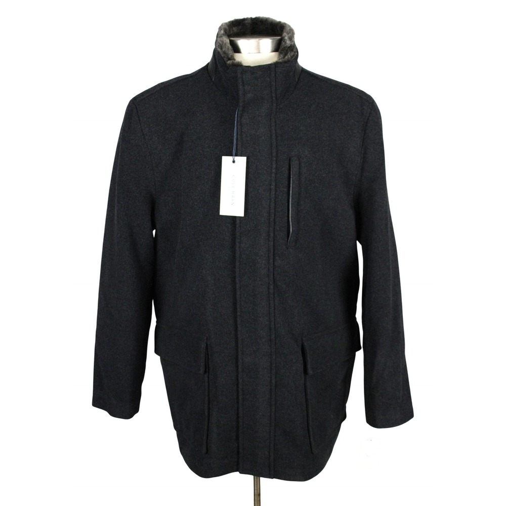 Cole Haan Wool Plush Car Coat Mens XL Charcoal Faux Fur Stand Collar Overcoat